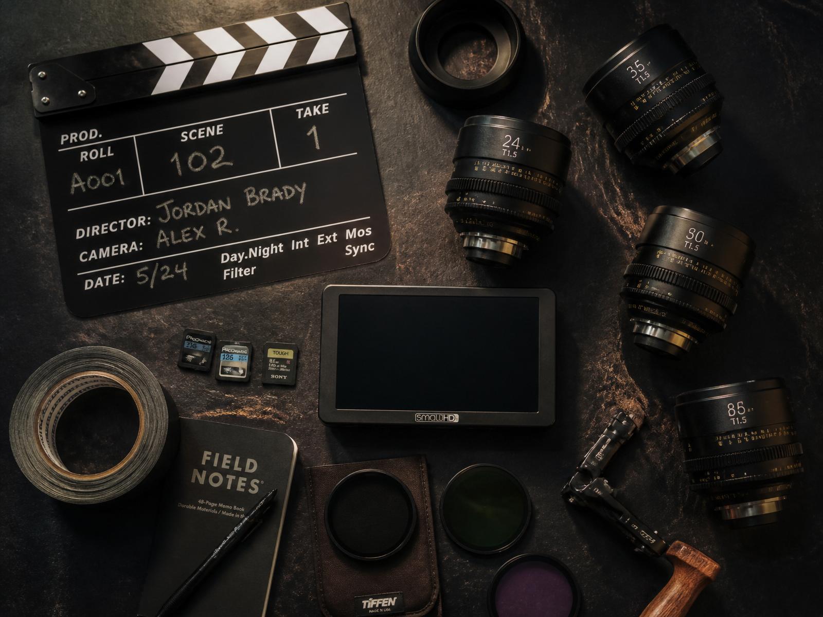 Flatlay mit Filmequipment: Objektive, Klappe, Monitor, Filter